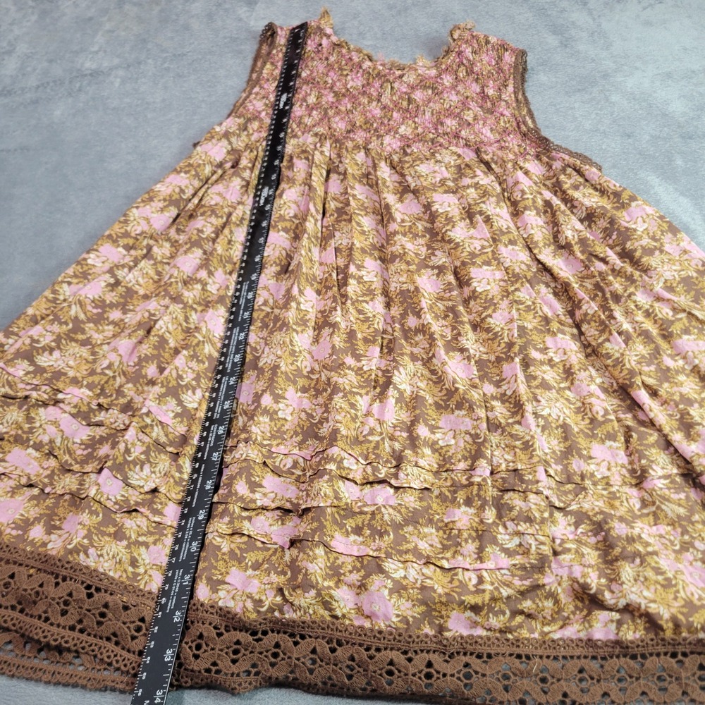 Free People Tunic Women Large Brown Pink Floral Smock Lace Trim Boho Mini Dress - Picture 2 of 13